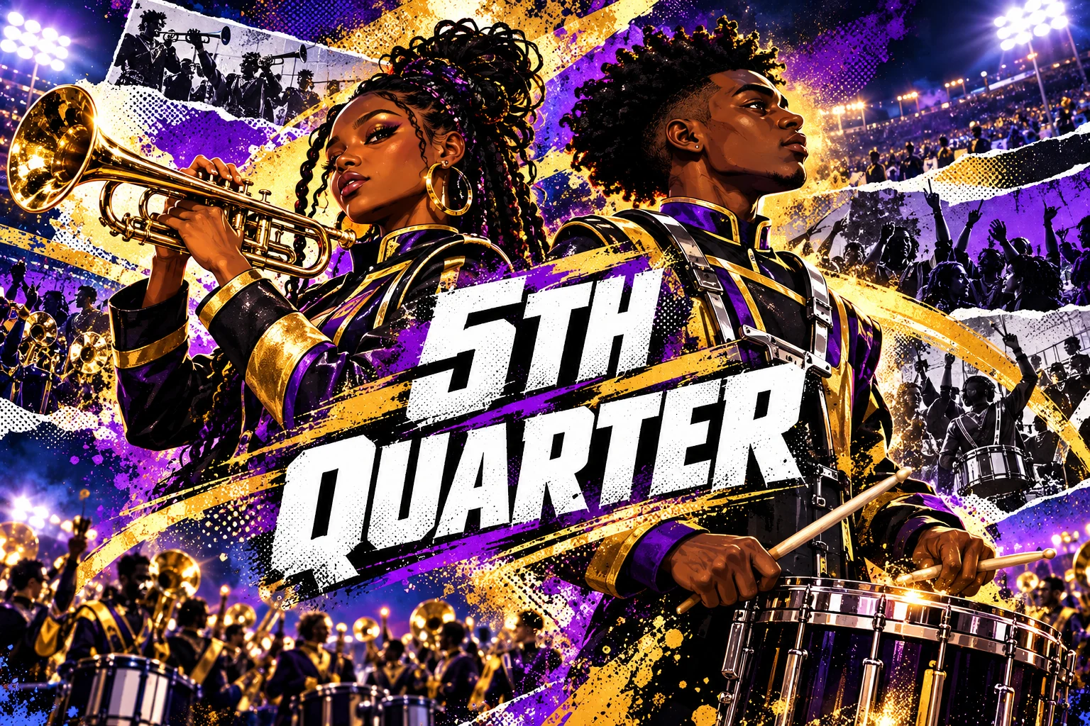 5TH QUARTER illustrated cover: Black woman trumpet player and Black man drummer, purple and gold stadium collage.