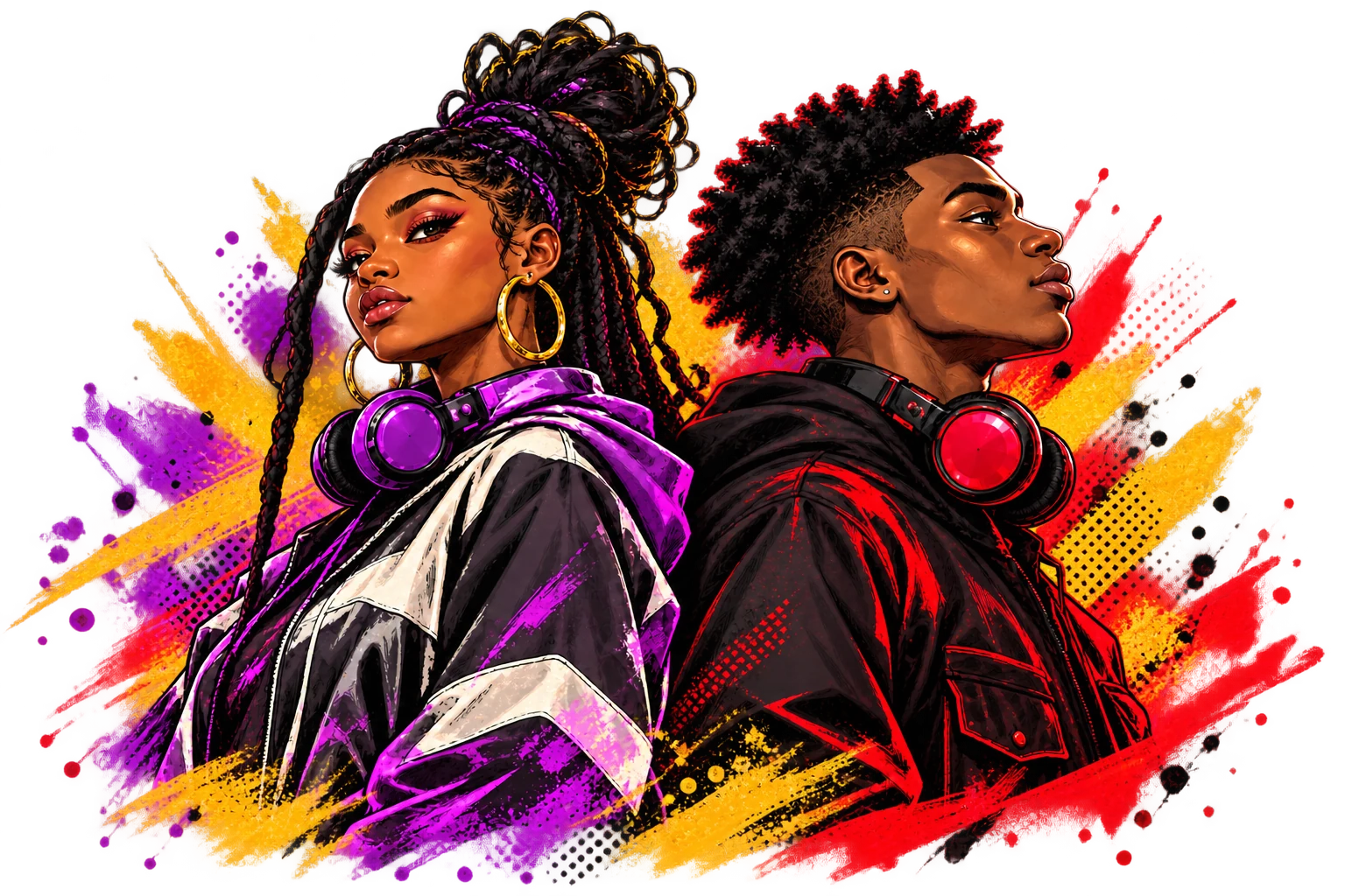 Equally prominent illustrated Black woman and man creators, with natural anatomy, purple and red headphones, and ink-textured streetwear.