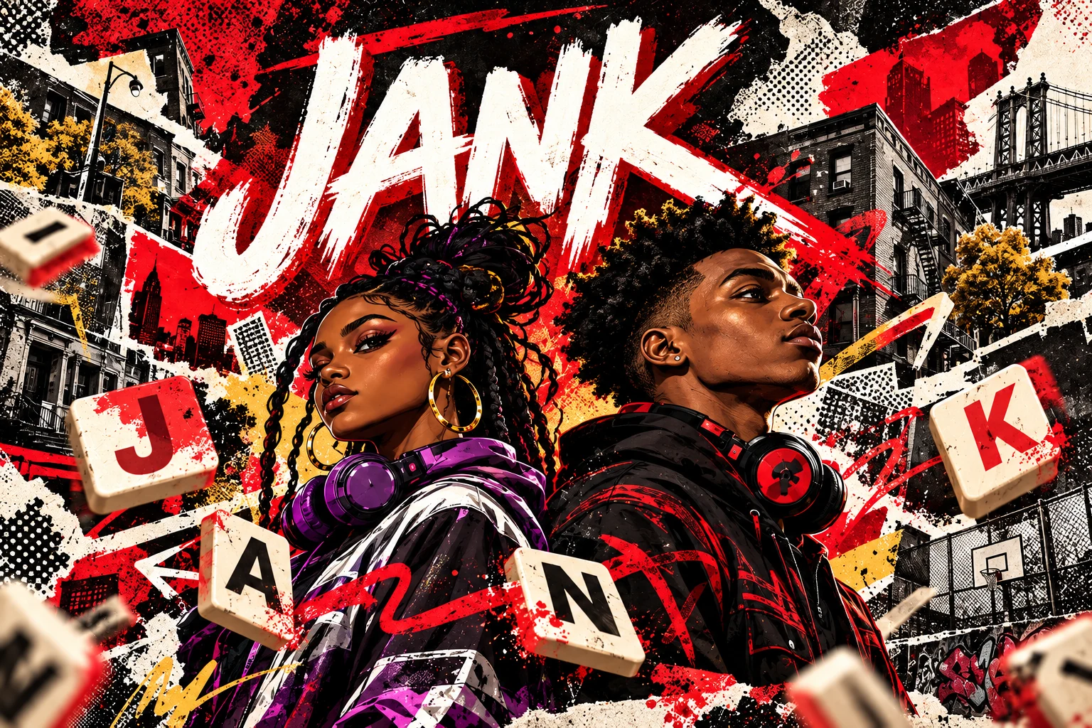 JANK illustrated cover: Black creator protagonists, dimensional letter tiles, red ink and photographic city collage.